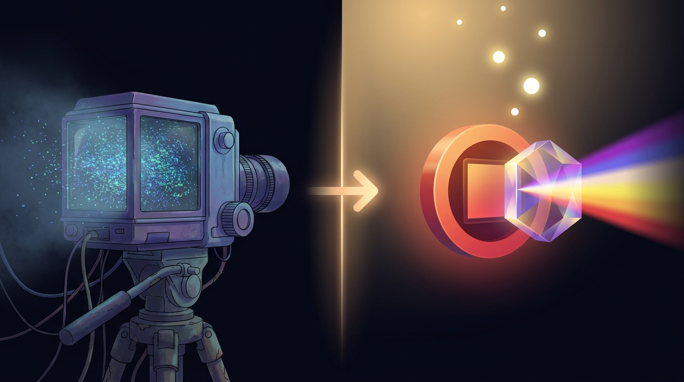 Left: a heavy cluttered camera grabbing a full pixel-dense photo. Right: a small calm sensor behind a prismatic lens capturing just a few bright dots.