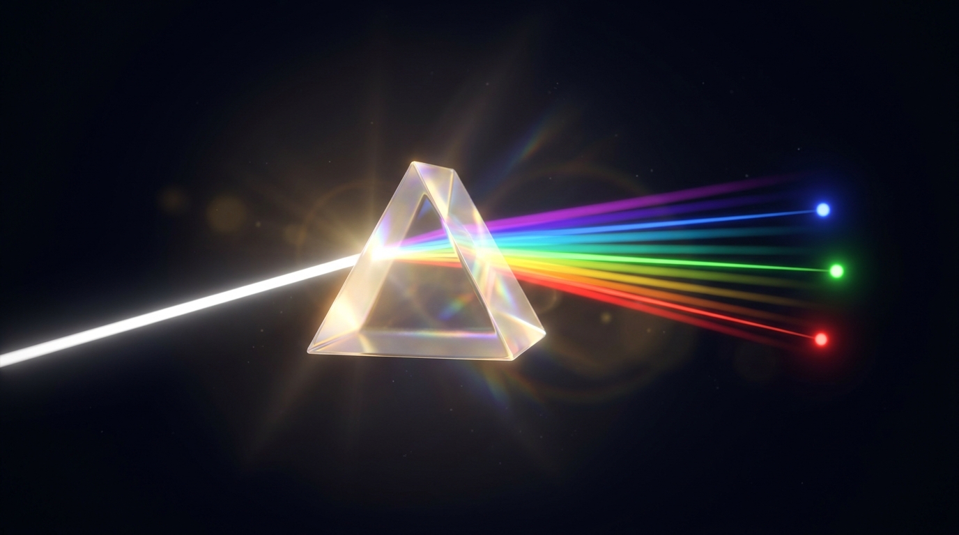 A beam of plain white light enters a glowing prism and fans into a full rainbow spectrum that resolves into a few clean glowing dots — the answer.