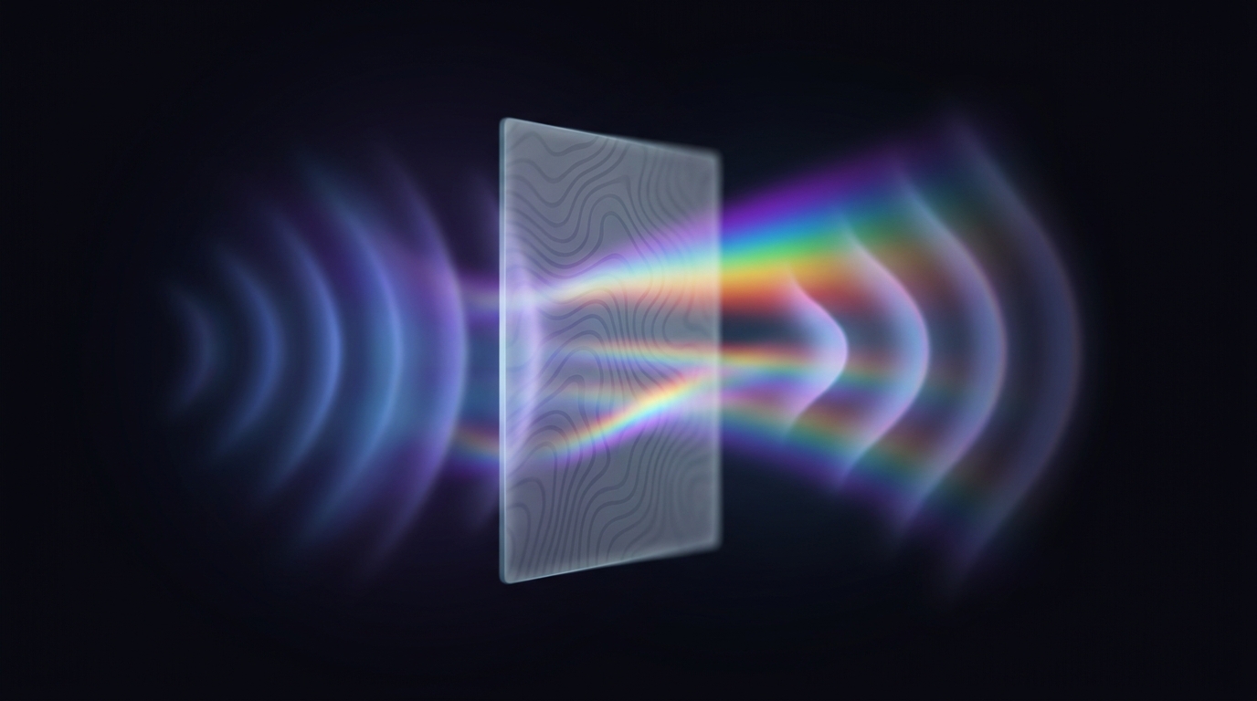 A flat patterned piece of smart glass bends incoming wavefronts of light — some parts arrive slightly early, some late — emerging as gently reshaped glowing waves.