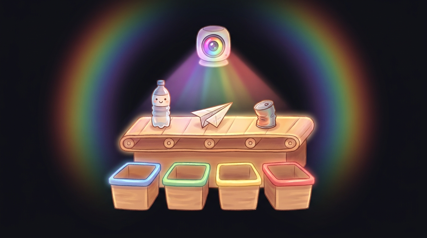A warm illustration of a small recycling line: a conveyor with a bottle, paper and can, a smart prismatic-lens camera above sorting them into four colored bins.