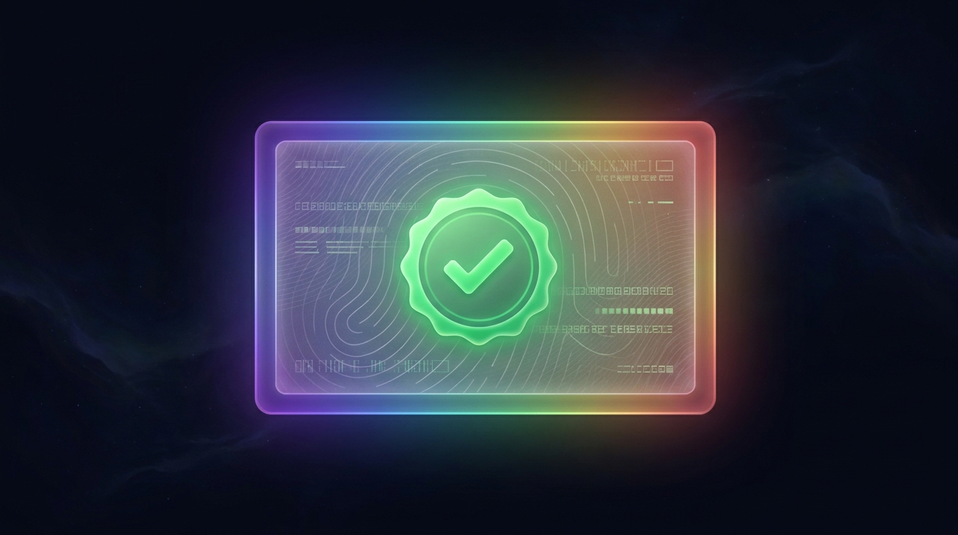 A glowing tamper-proof digital receipt with a green checkmark seal and a subtle fingerprint motif, edged with prismatic light.