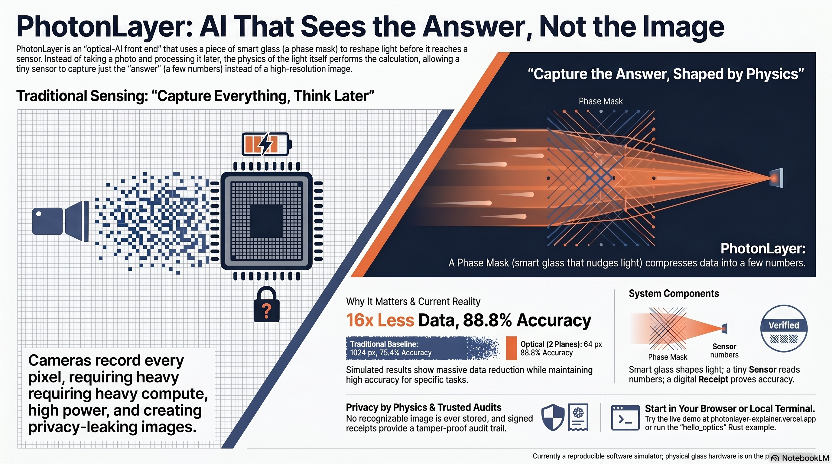 PhotonLayer infographic: AI that sees the answer, not the image. Traditional sensing captures everything and thinks later, leaking privacy and burning compute; PhotonLayer uses a learned phase mask to shape light so a tiny sensor captures the answer in a few numbers — 16x less data, 88.8% accuracy, with a signed receipt for trusted audits.