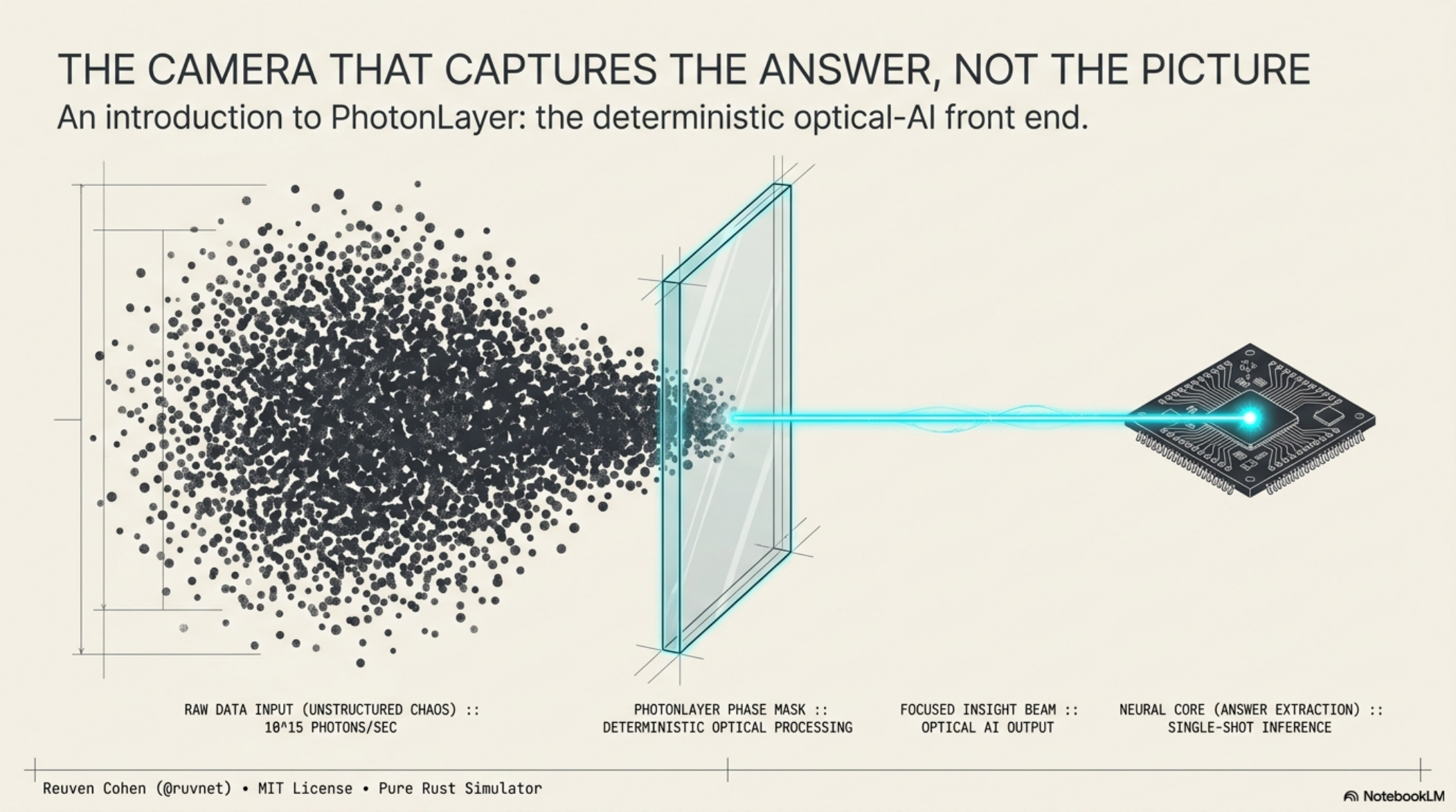 PhotonLayer slide deck cover: The camera that captures the answer, not the picture — an introduction to PhotonLayer, the deterministic optical-AI front end.